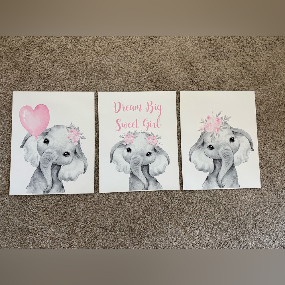 Elephant Wall Art Set - Pink and Gray